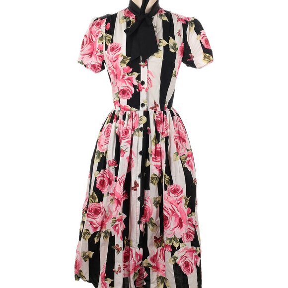 Unique Vintage stripe and floral print retro tea dress, size Medium 6-8US - Picture 1 of 6